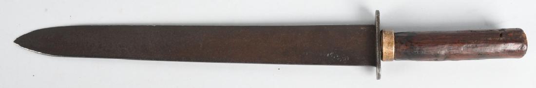 CIVIL WAR ERA SPEAR POINT BOWIE KNIFE: Untouched Civil War era spear point bowie knife with a 12.25" blade and 17" overall. Brass cup under the cross guard. very good.