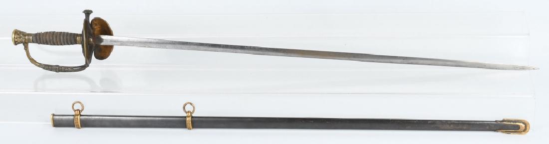 MODEL 1860 STAFF SWORD HORSTMANN, LT. GEO, BUTLER: Model 1860 Staff & Field sword made during the Civil War by Horstmann & Sons, Philadelphia. 39" overall with an etched 31" elliptical blade. Blade has eagles and stands of arms on each side, along wit