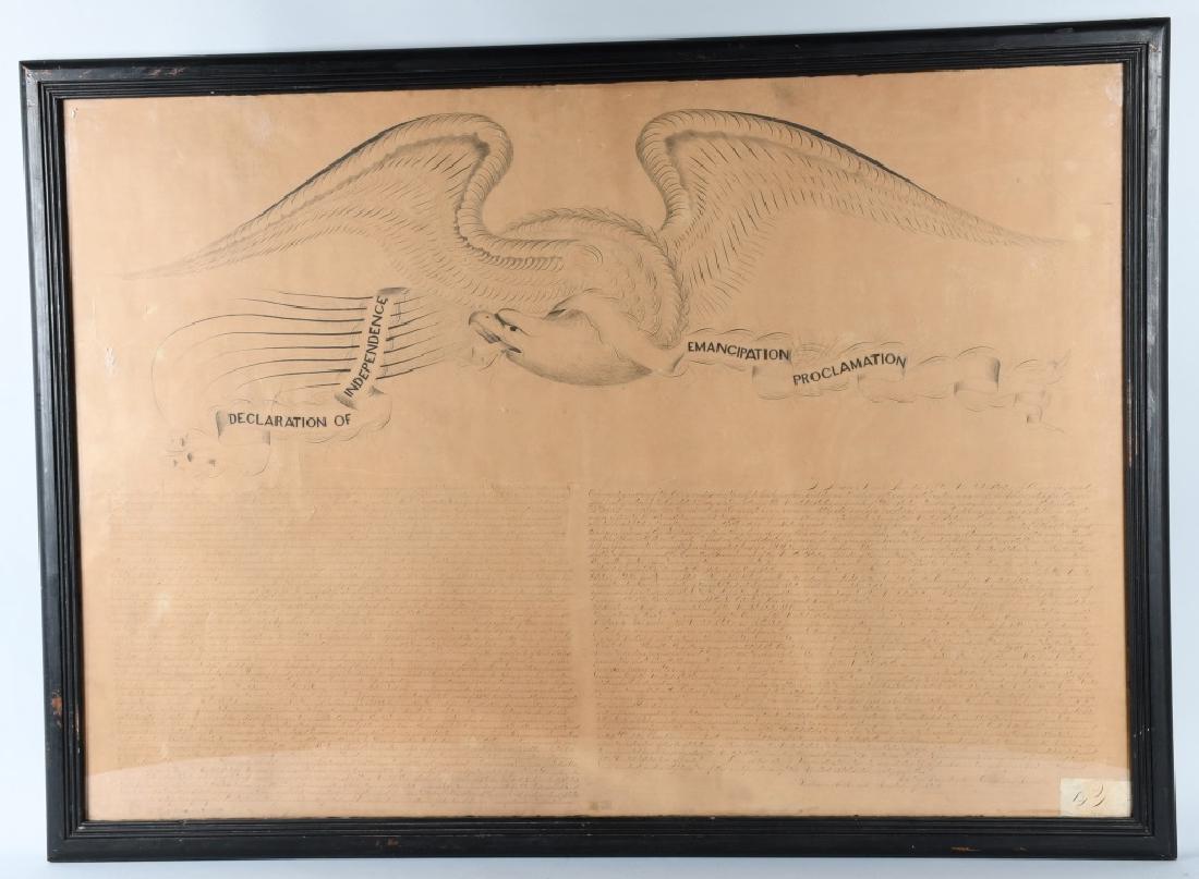1884 DRAWING PATRIOTIC FOLK ART EAGLE 54"X38": Beautiful 1884 folk art Spencerian calligraphy drawing of an eagle with a 50" wing span clutching in its beak a banner that reads Declaration of Independence - Emancipation Proclamation. The Declarati