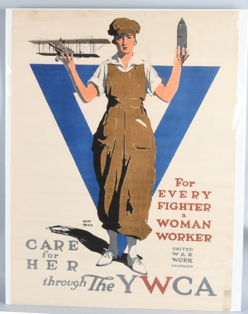 WWI YWCA POSTER - FOR EVERY FIGHTER A WOMAN WORKER: Adolph Treidler Y.W.C.A. sponsored poster for the United War Work Campaign. Poster features a war worker holding a biplane in one hand and artillery shell in the other with the slogan "For Every Fight
