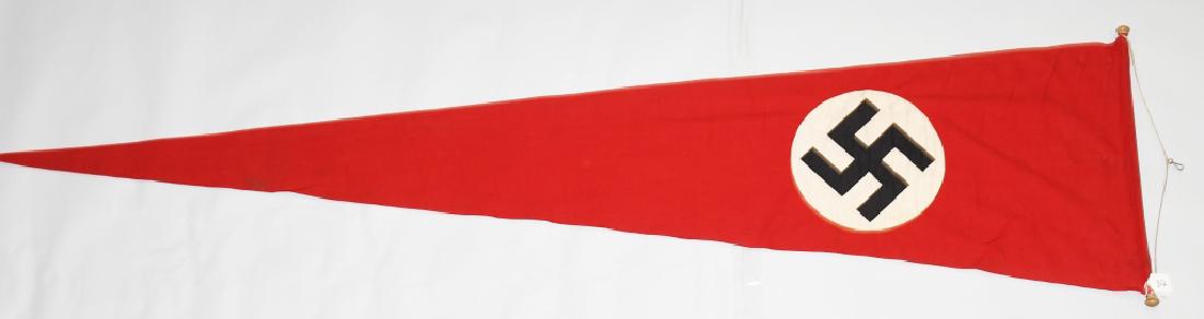WWII NAZI GERMAN PENNANT - FLAG WITH STAFF: Large 113" x 26" triangular multi piece Nazi building pennant on original staff with original rope and clip. Double sided pennant features an applied canted swastika on each side. Pennant is in near m