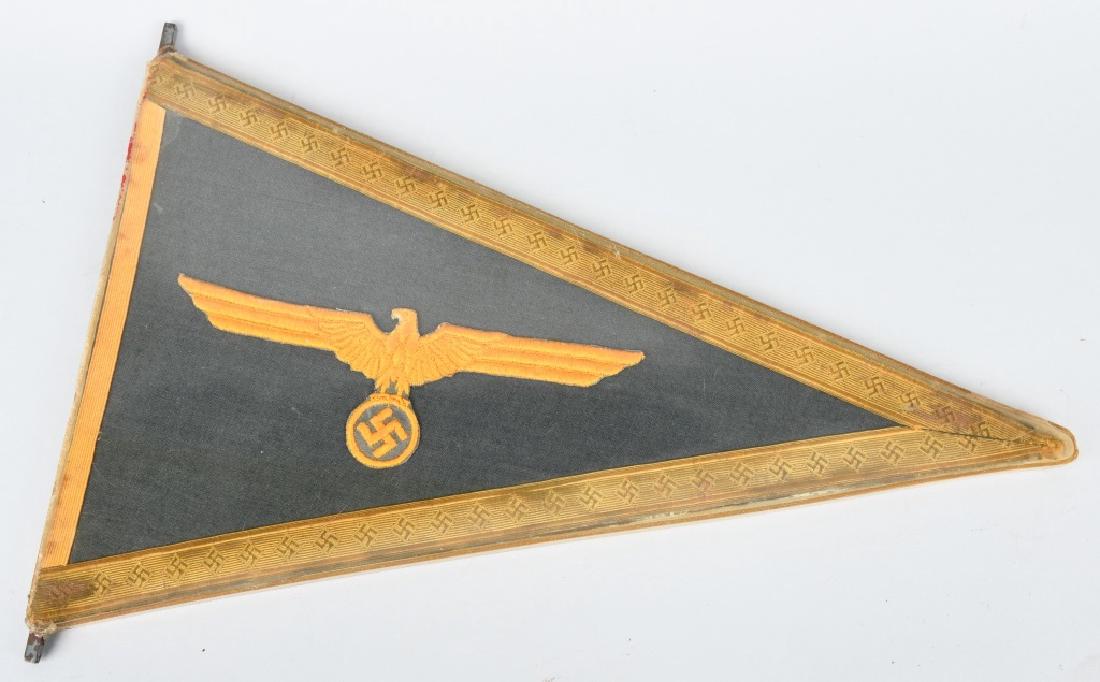 WWII NAZI GERMAN GENERAL'S VEHICLE PENNANT: German General's vehicle pennant with applied eagles and embroidered trim. still retains foul weather cover and attachment posts. 15.5" x 9.75" excellent