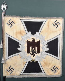 WWII GERMAN CAPTURED INFANTRY BATTALION STANDARTE: German Nazi Infantry Battalion Standarte captured by American soldiers of Company L ,417th Regiment, 76th Division. White silk flag with three-sided silver fringe. Silk Heer eagle with embroidered cla