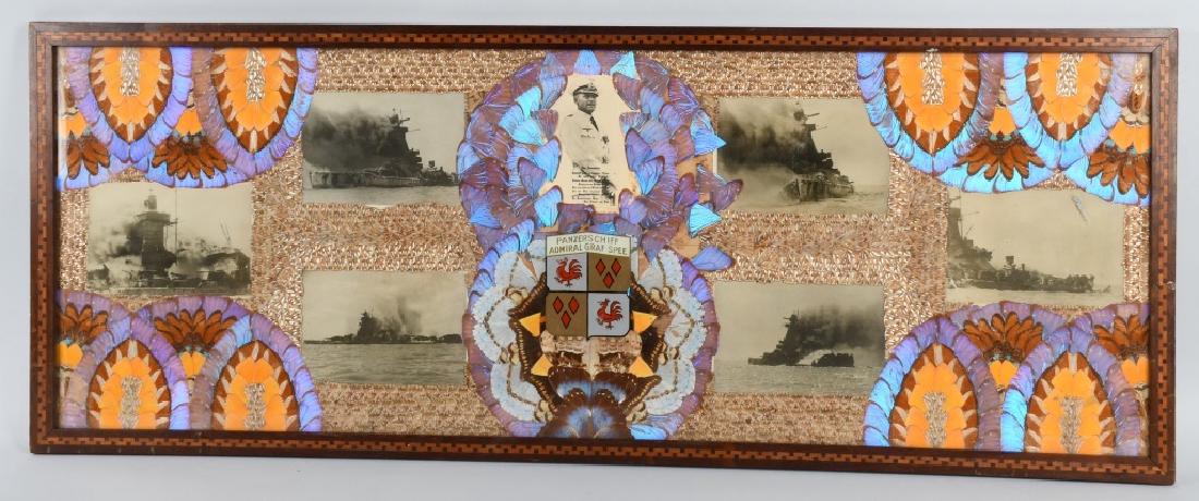 WWII ADMIRAL GRAF SPEE BUTTERFLY ART COLLAGE: Very unusual and beautiful photo collage of the scuttling of the German Cruiser Admiral Graf Spree. Collage includes 6 pictures of the ship, picture of the Captain, and Ships Coat of Arms. All beautif