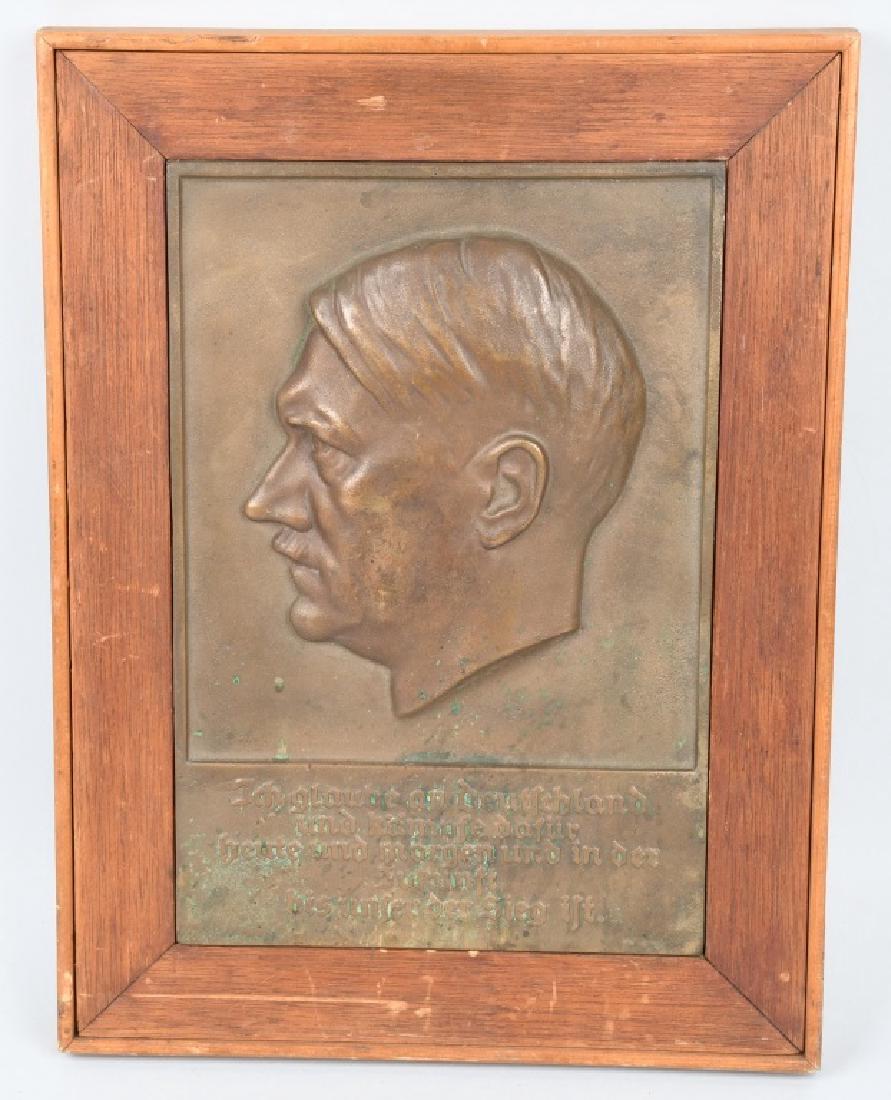 WWII NAZI GERMAN ADOLPH HITLER WALL PLAQUE: Bronze plaque in original wood mount. The plaque itself is12.5" x 8.25" while the wooden mount is 16.25" x 12.25". very good