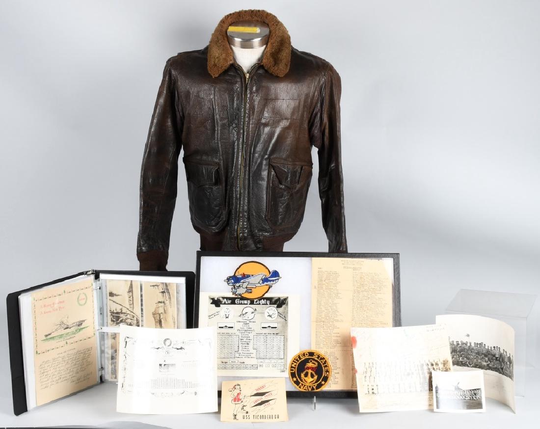 WWII U.S. NAVY G1 FLIGHT JACKET GROUP IDED VB-80: World War Two Navy grouping of John Albert Wert who served with Navy Bomber Squadron 80 (VB-80) aboard the U.S.S. Ticonderoga and the U.S.S. Hancock. The grouping includes Wert's G1 jacket, a VB-80 sq