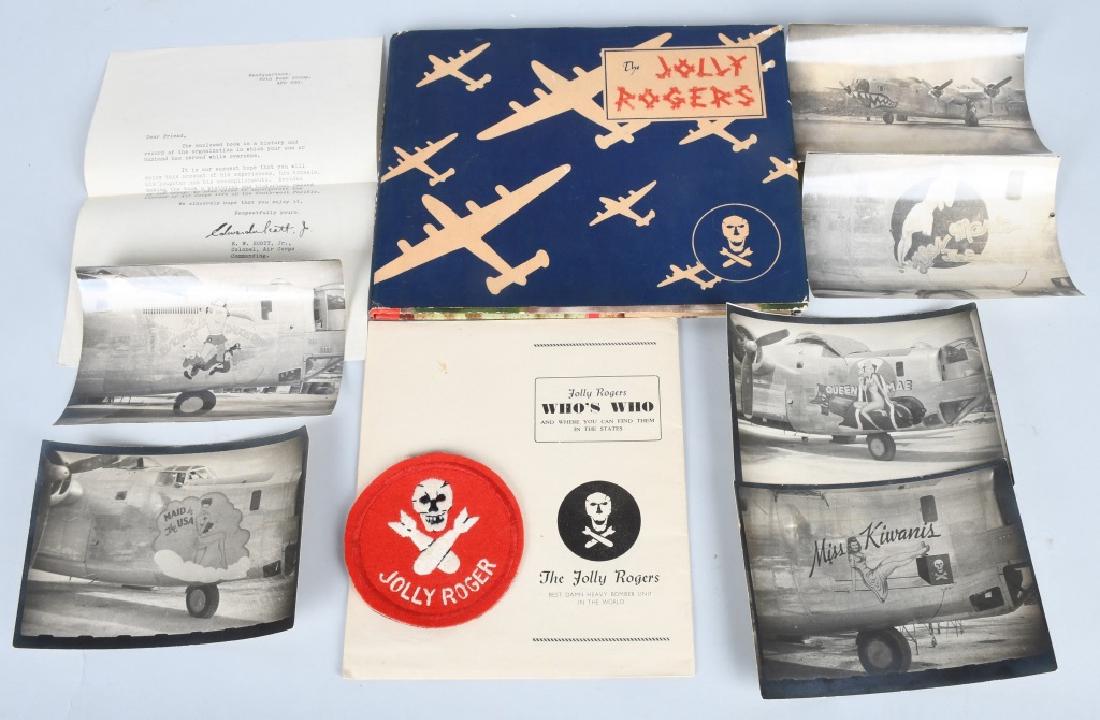 WWII U.S. 90TH BOMB GROUP "JOLLY ROGERS GROUPING: World War Two U.S. Army Air Force 90th Bombardment grouping includes the following WWII vintage items; a near mint red Jolly Rogers squadron patch, mint Jolly Rogers unit history with dust jacket publ