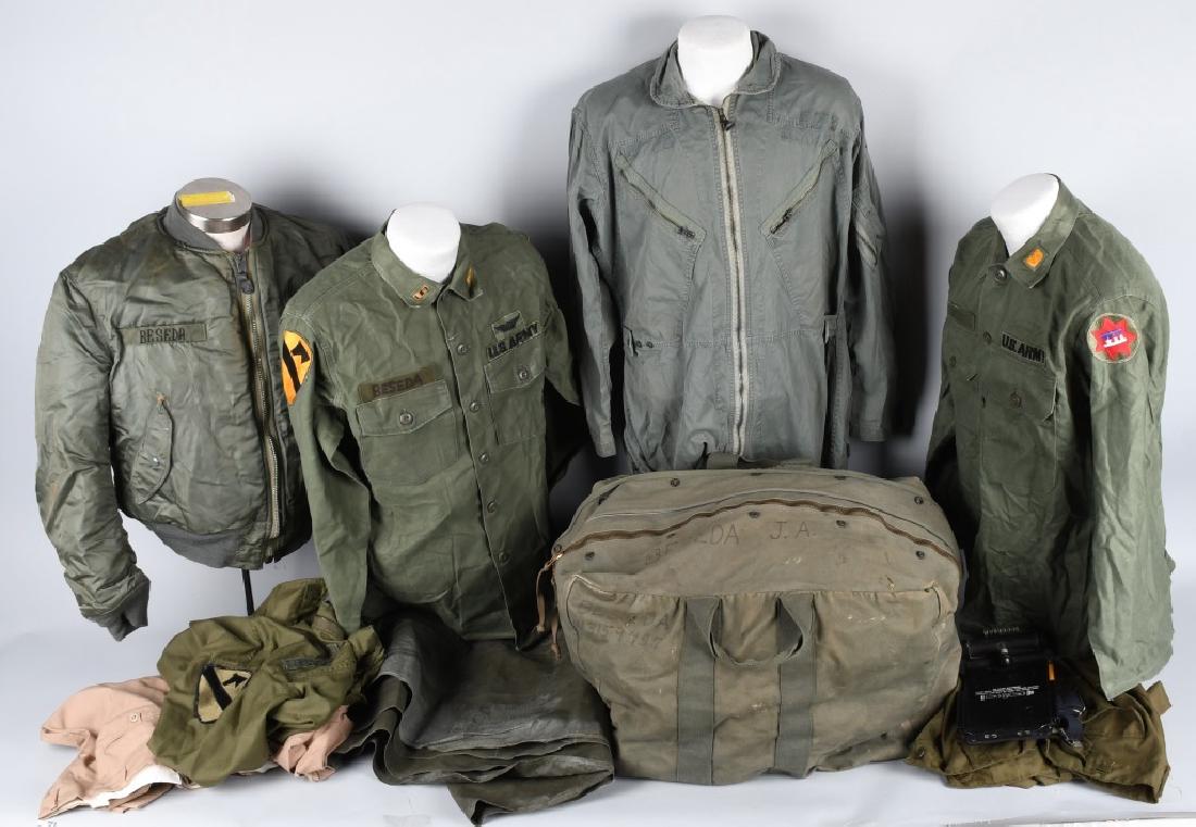 VIETNAM U.S 1ST CAV HELICOPTER PILOT UNIFORM GROUP: Estate acquired grouping of the effects of Joseph Beseda, a 1st Air Cavalry Division helicopter pilot in Vietnam. Chief Warrant Officer Beseda completed two tours in Vietnam; 1969 - 1970 & 1971 - 1972