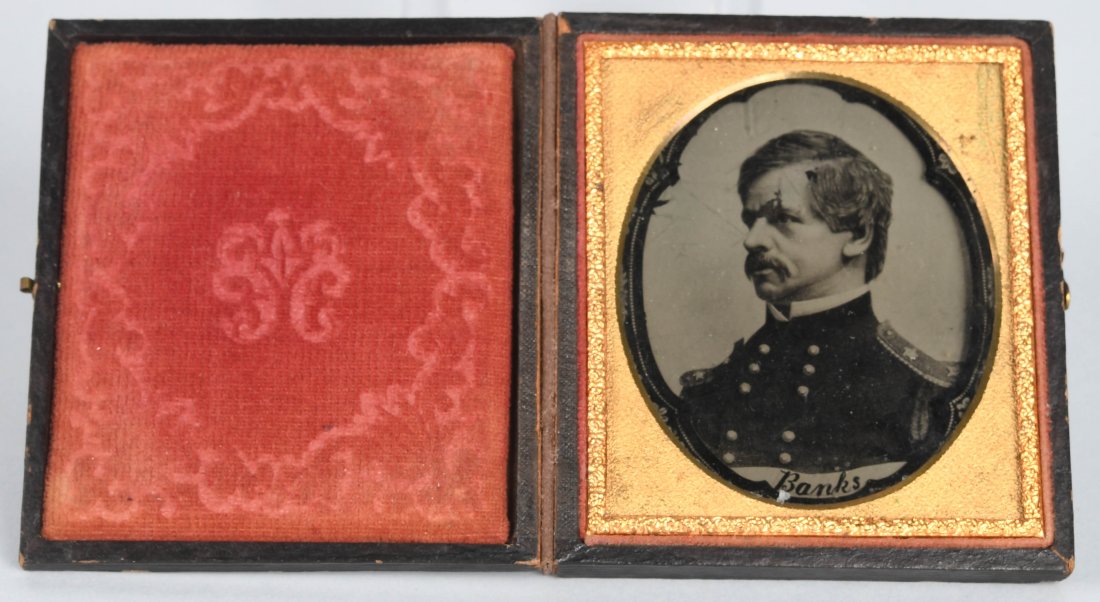 CIVIL WAR 1/6TH PLATE AMBROTYPE NATHANIEL BANKS: Vintage Civil War period copy ambrotype of General Nathaniel P. Banks. At the outbreak of the Civil War, President Lincoln appointed Banks as one of the first \'political\' major generals, over the he