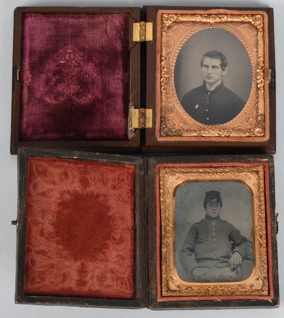 CIVIL WAR 1/9TH PLATE SOLDIER TINTYPE & AMBROTYPE: 2 Civil War images including a 1/9th plate ambrotype of an enlisted man in full case and a 1/9th plate tintype of an enlisted man wearing an I.D. shield. Tintype is housed in a S. Peck patent \"Genuin