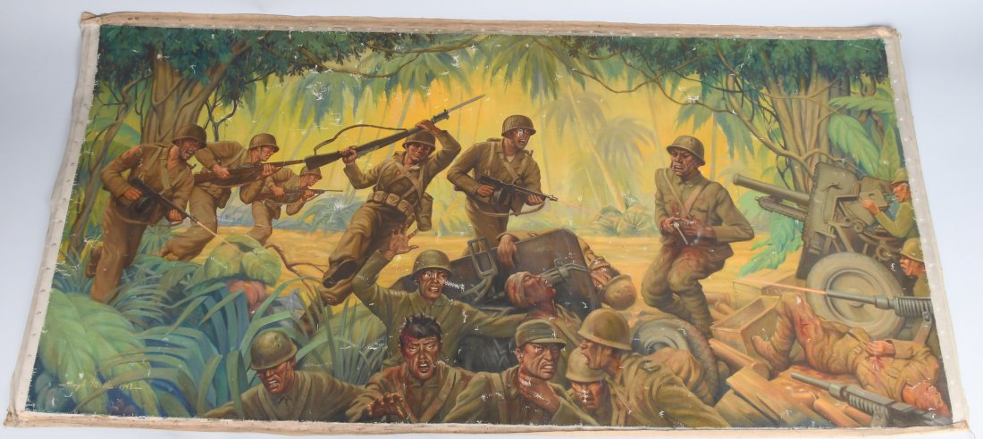 WWII 1943 HUGH M POE MILITARY OIL PAINTING: Hugh M Poe (1902-1973) American Artist. Well known Indianapolis painter. Received training at RL Mason School of Art. Received a scholarship to John Heron Art Institute. Did commission work for Culver