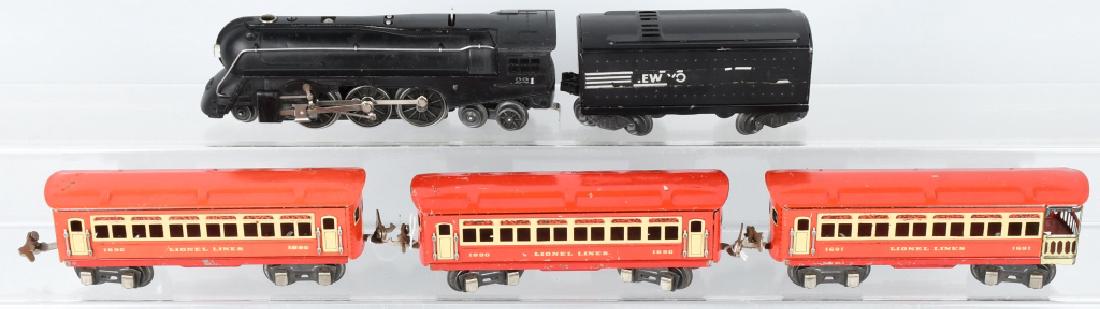 LIONEL #221 ENGINE & 3 PASSENGER CARS: Includes Lionel #221 Engine with Tender, #1690 Pullman Car, #1690 Pullman Car, and #1691 Observation Car. Excellent