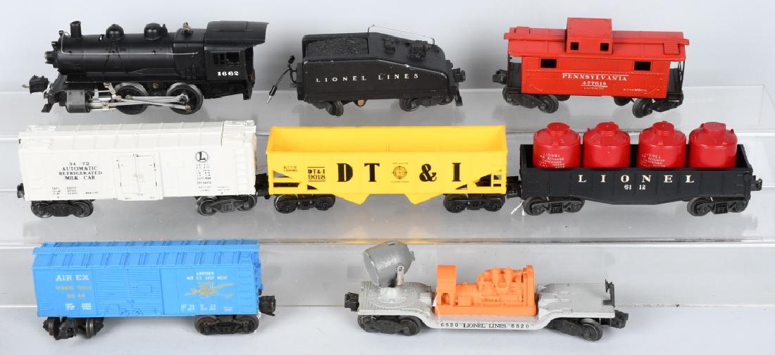 LIONEL #1662 ENGINE & 6 FREIGHT CARS: Lionel ##1662 Engine with Tender, #9018 Oar Car, #6044 Box Car, #3472 Refrigerated Milk Car, #6520 Floodlight Car, #6112 Gondola with Canisters, and #477618 Caboose. Excellent