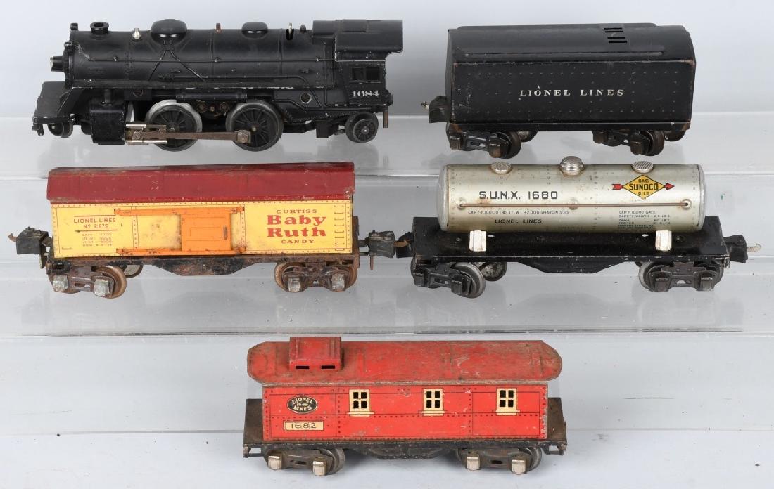 LIONEL #1684 ENGINE & 3 PASSENGER CARS: Lionel #1684 Engine with Tender, #2679 Baby Ruth Box Car, #1680 Sunoco Tank Car, and #1682 Caboose. Very Good