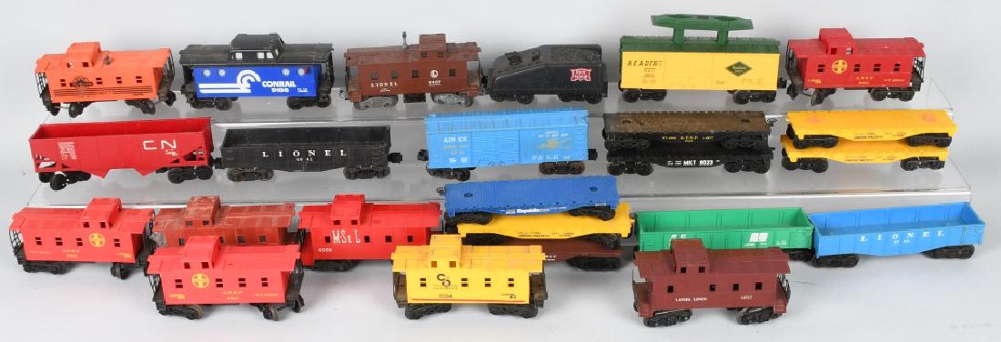 24- LIONEL ROLLING STOCK: Includes #6357 Caboose, #6059 Caboose, #9064 Caboose, #6037 Caboose, #6142 Gondola, #9026 Flat Car, #9020 Flat Car, #16614 Box Car, #9186 Caboose, #9013 Coal car, #6044 Box Car, and More. Excellent