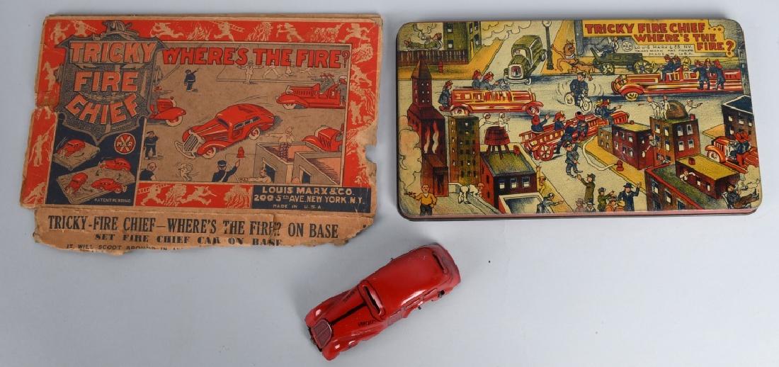 MARX Tin Wndup TRICKY FIRE CHIEF & PLATFORM w/ BOX (1 of 6)
