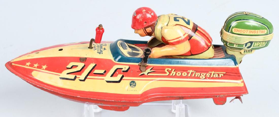 JAPAN Tin Windup SHOOTING STAR RACE BOAT: All Original with great colors and design. Works. 10" Excellent