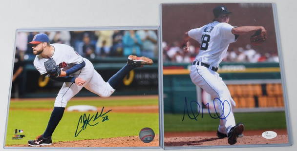 ANDREW MILLER & COREY KLUBER SIGNED 8X10 PHOTOS: Signed color action photographs of Cleveland Indians All Star Andrew Miller and Corey Kluber All Star & CY Young Award Winner. Miller photo signed in blue sharpie and JSA certified. Corey Kluber photo