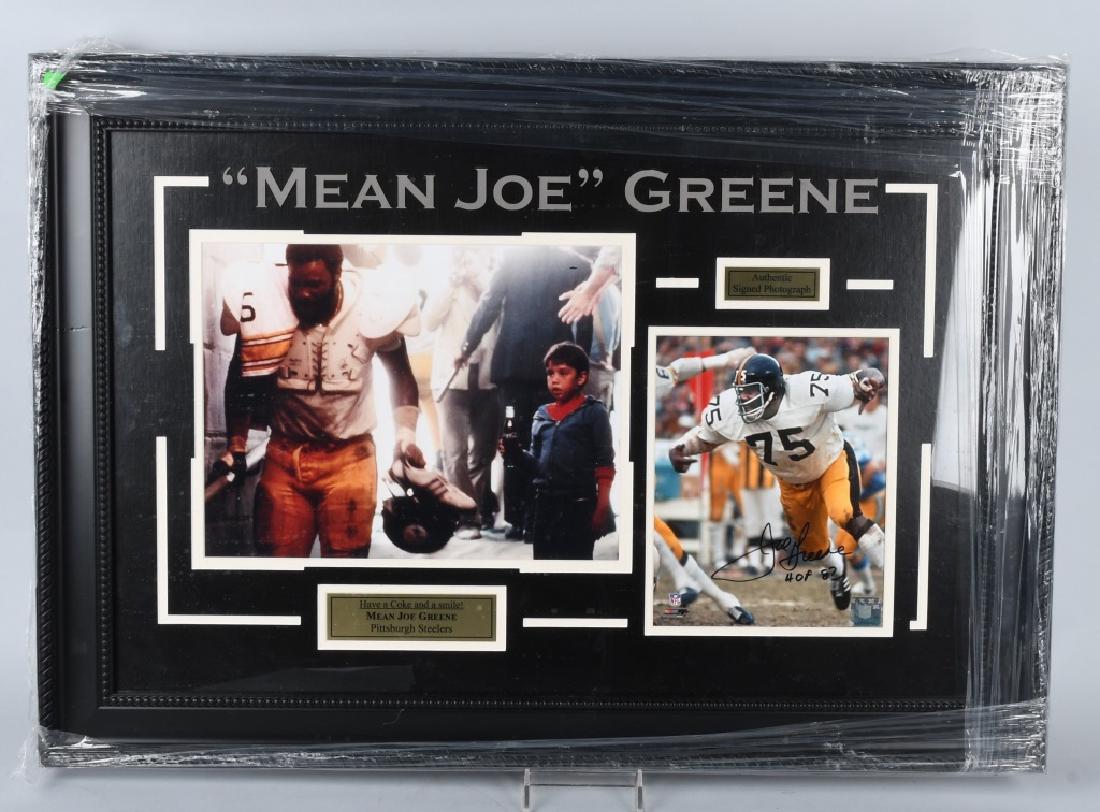 MEAN JOE GREENE PITTSBURG STEELERS COLOR MONTAGE: Montage with 2 photos, signed with an 8X10 and the famous "Have a Coke and Smile", matted and framed, Hologram cert,