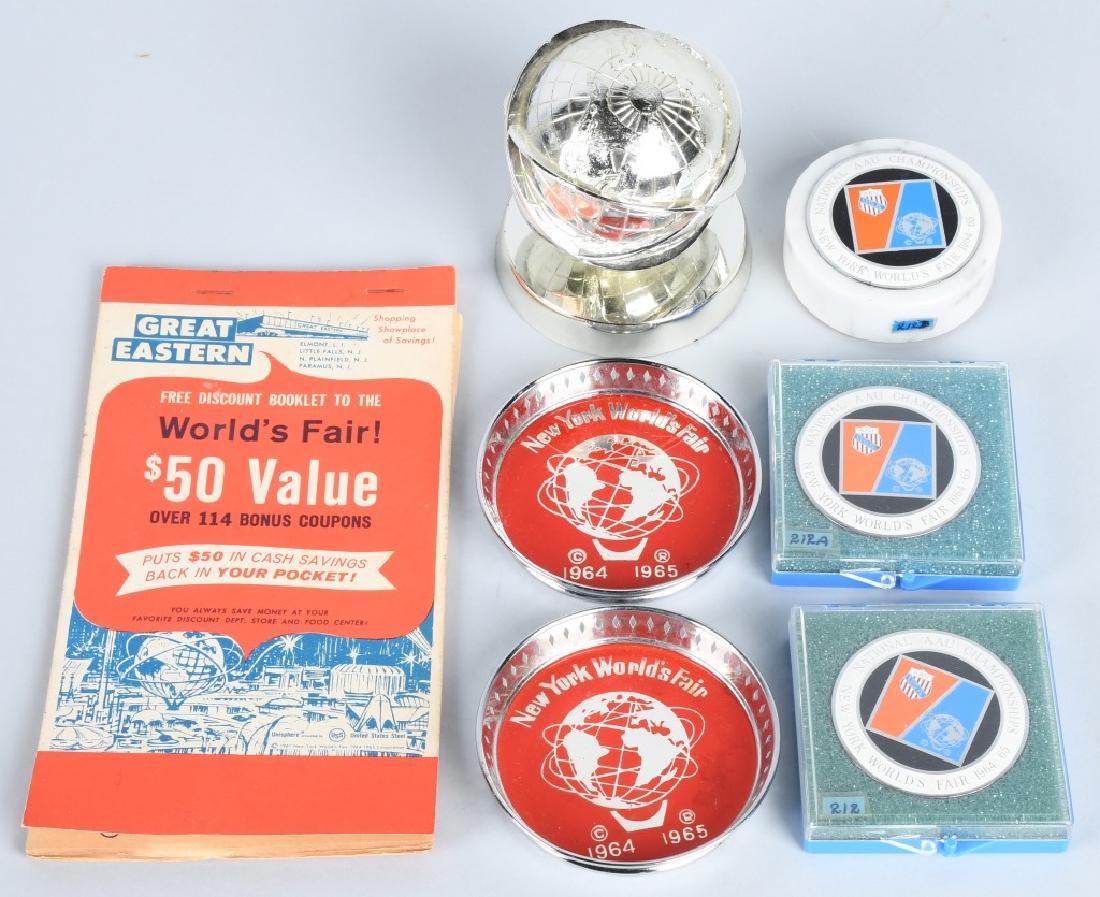 1964-65 NEW YORK WORLDS FAIR SOUVENIRS: Includes Buttons, Unisphere Paper Weight, Coasters, Worlds fair Marble Paper Weight, and Coupon Book. Excellent