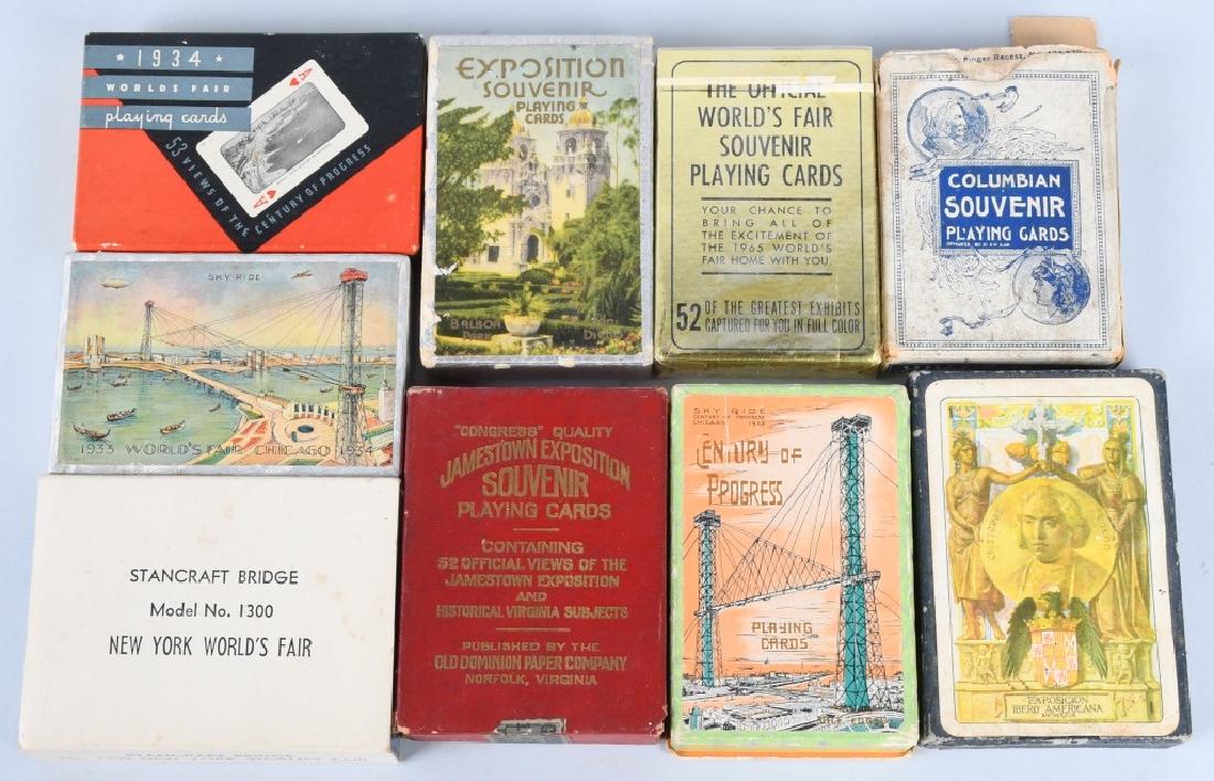 9- WORLDS FAIR & EXPOSITION PLAYING CARDS: Includes 9 decks of Playing Cards from Columbian Exposition, Seville & Barcelona Expo, Jamestown Expo, Century of Progress, and More