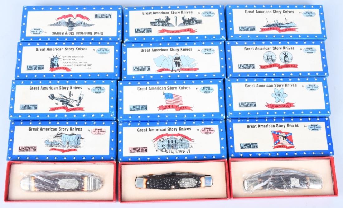 12- BOKER GREAT AMERICAN STORY KNIVES MIB: Collection of 12 Great American Story Knives made by Boker Tree Brand. Limited Editions. All with scene from great moments in American History. Includes Alamo, July 4, 1976, Buffalo Bill & Sitting Bul