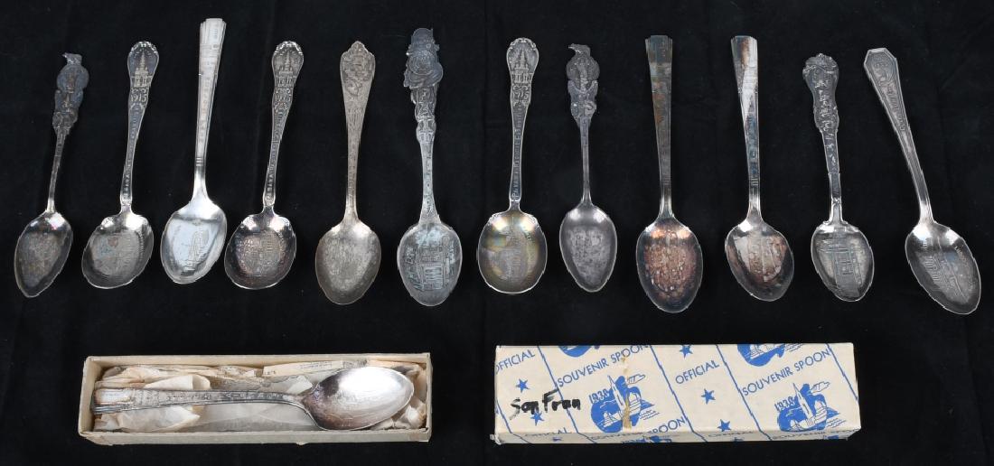 13- WORLD'S FAIR & EXPO SPOONS: Lot includes 1904 1909 Seattle, 1915 Panama -Pacific, 1933 Chicago and 1939 New York. One of the New York spoons is in the original box. Very Good-Excellent
