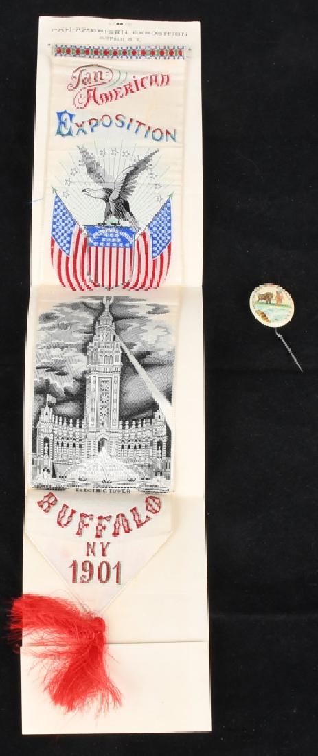1901 PAN-AM EXPOSITION RIBBON & BUTTON: Lot includes beautiful unused ribbon on the original card measuring 11" by 2 1/2", along with a 3/4" celluloid pin back button. excellent