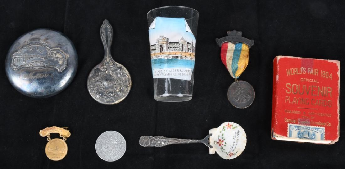 1904 ST. LOUIS WORLD'S FAIR SOUVENIR LOT: Great lot with a souvenir glass, playing cards, mirror, shell spoon and more. Very Good- Excellent