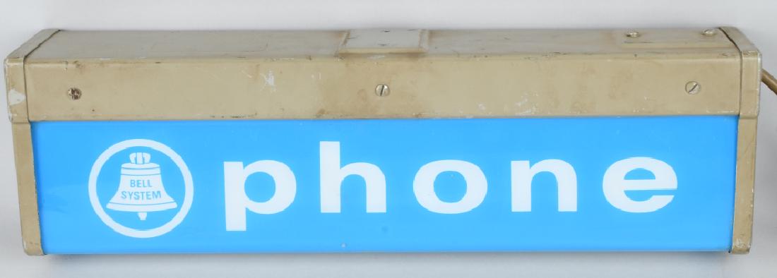 PAY TELEPHONE LIGHT-UP SIGN: Original light up sign from Pay Telephone Booth. All original with nice colors. Has metal frame. Has Bell System logo. Double sided. Works well. 20"