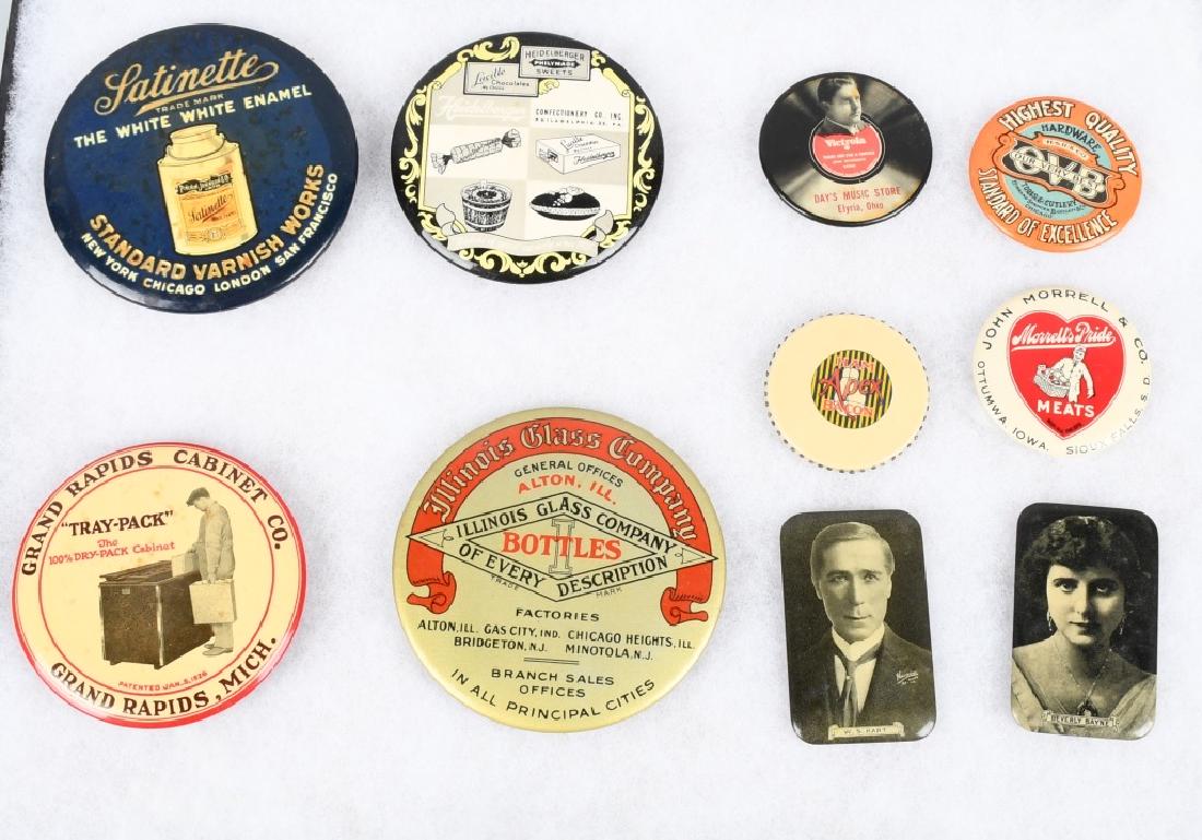 ADVERTISING POCKET MIRRORS: Nice lot of Advertising Pocket Mirrors includes Grand Rapids Cabinet, Satinette Varnish, Illinois Glass Co, Heidelberg Sweets, Apex Hams, Morrells Pride Meats, OVB Tools, Victrola, WS Hart, and Beverl