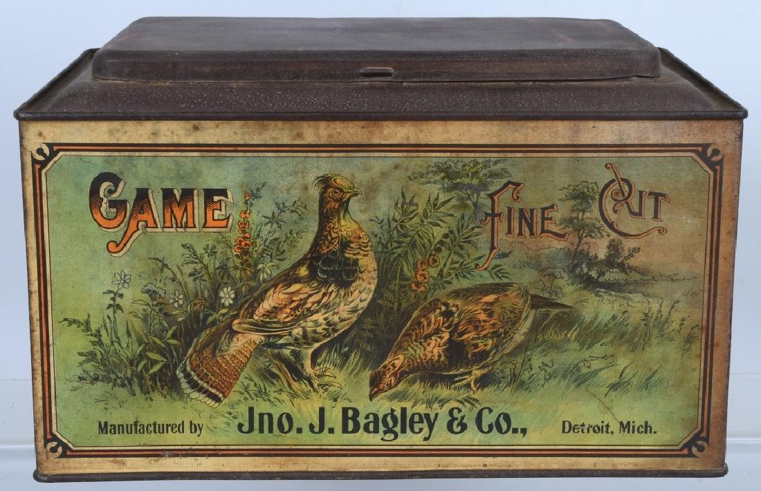 GAME FINE CUT TOBACCO STORE BIN: Excellent Game Fine Cut Tobacco Store Bin. Nice image of Game Birds on the Tin. 12" Excellent