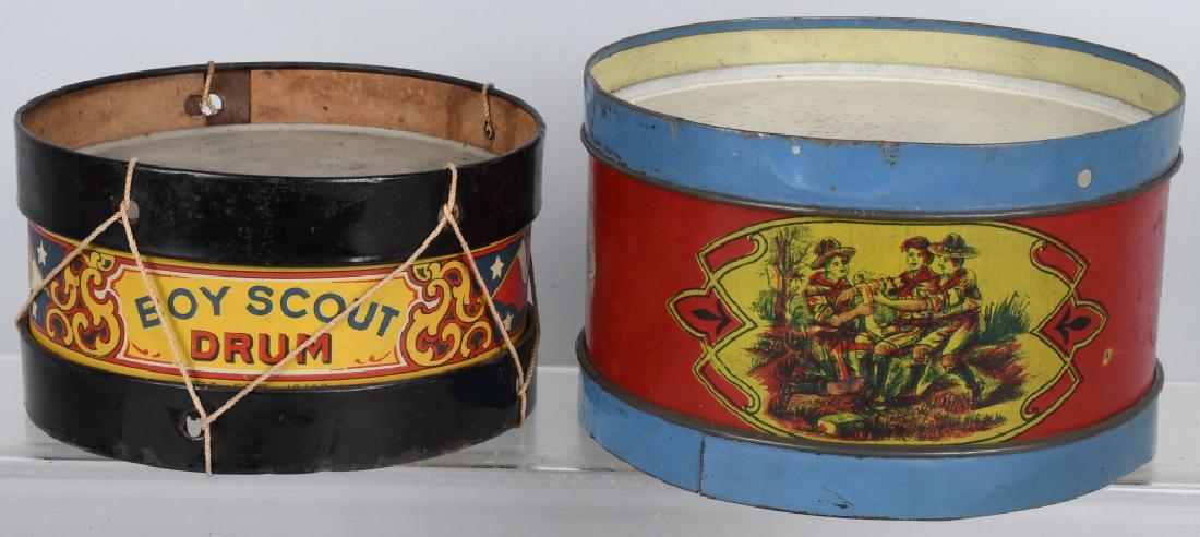 2-VINTAGE TIN TOY BOY SCOUT DRUMS: Both drums have nice colors and graphics. Largest is 7" diameter. The smaller one has a 1908 patent date and is probably made by Chein. Very Good