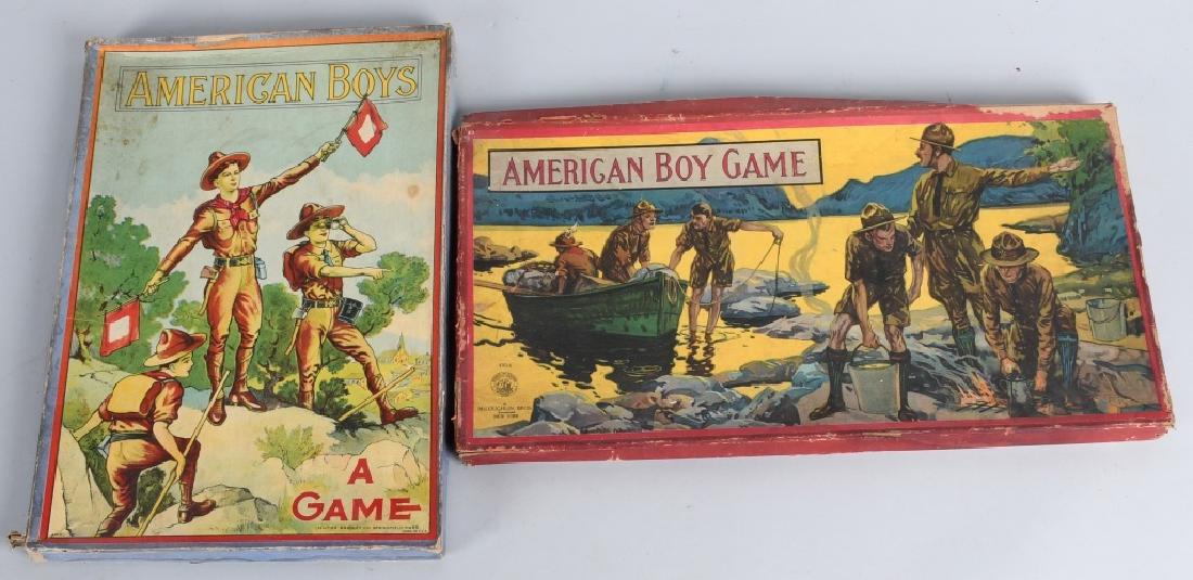2-EARLY AMERICAN BOYS, BOY SCOUT GAMES, BOXED: Lot includes American Boys game made by Milton Bradley, along with American Boy Game made by McLouglin Bros. dated 1913. Both have outstanding graphics. Largest is about 16" by 11". Very Good