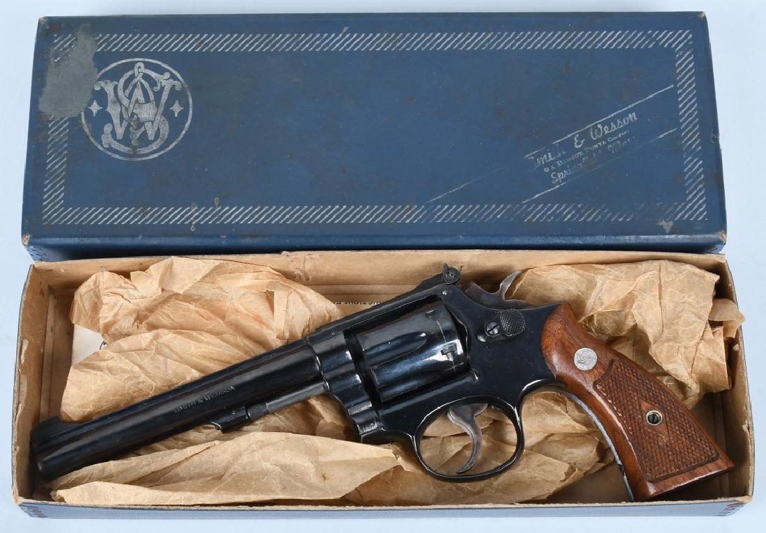 SMITH & WESSON 17-3, .22 REVOLVER, BOXED: SN 3K28230, 6" barrel with excellent bore. .22 caliber, 95% blue finish. excellent checkered wood grips. Action works and locks up tight. Includes correct original box and paperwork. Excellent*