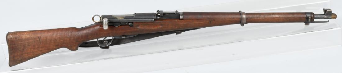 SWISS MODEL 1931 7.5mm RIFLE: SN 591236, matching numbers on bolt, receiver, barrel and mag. 26" barrel with excellent bore and muzzle cap. Smoth metal with traces of finish and good stocks,dings and scratches. Tight action. Very 