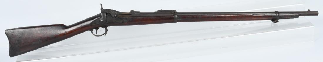 MODEL 1884 SPRINGFIELD .45-70 RIFLE: SN 566060, 30" barrel with good bore. Lock action is strong and the long range rear sight is present. It appears the gun was varnished years ago and it may clean to a higher grade. Missing cleaning ro