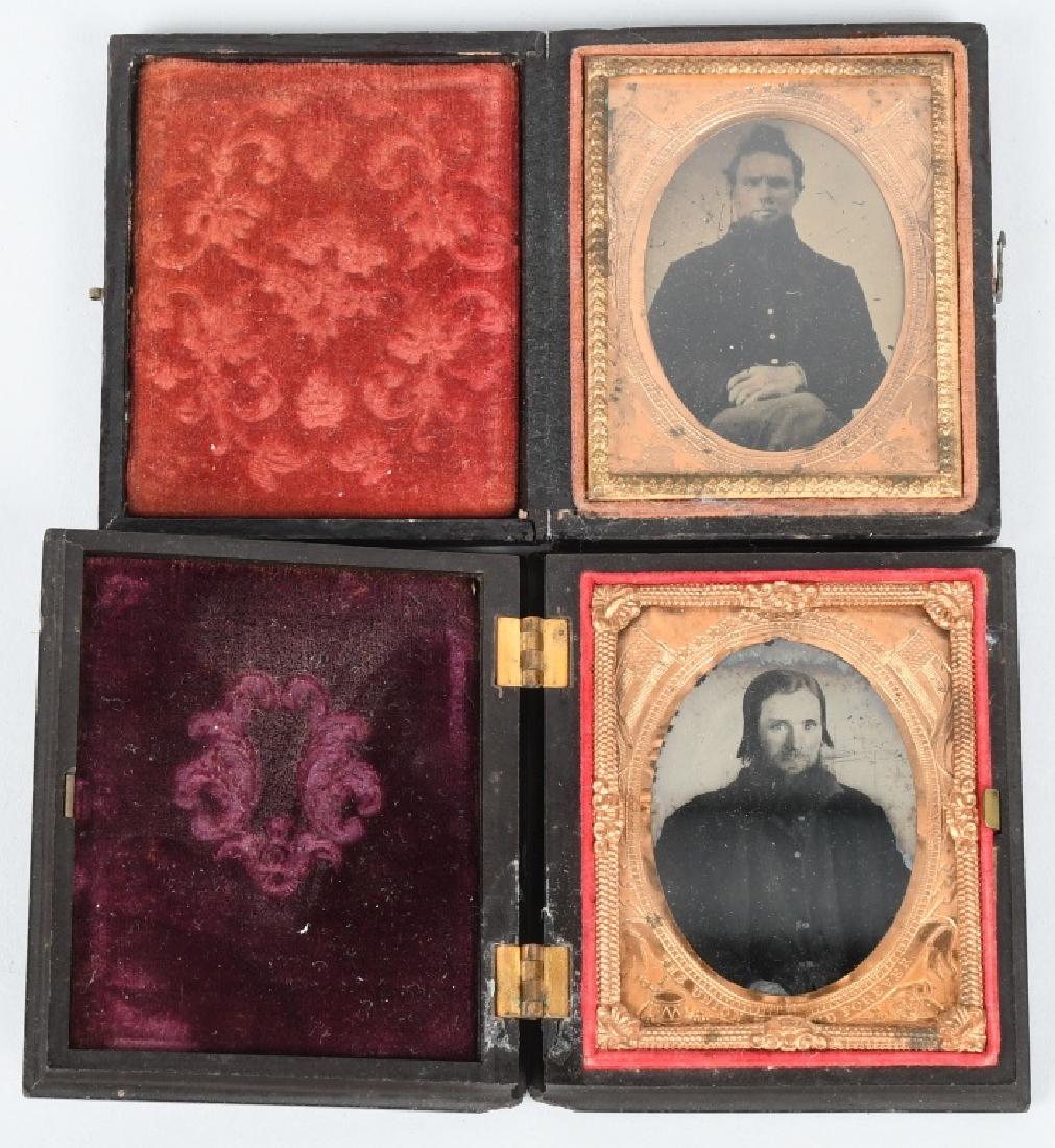 CIVIL WAR 1/9TH PLATE AMBROTYPE LOT: Two Civil War period images, both 1/9th plate ambrotypes in full cases and patriotic mats. One image is housed in a thermoplastic case. The first photo depicts a Union soldier while the 2nd is also po