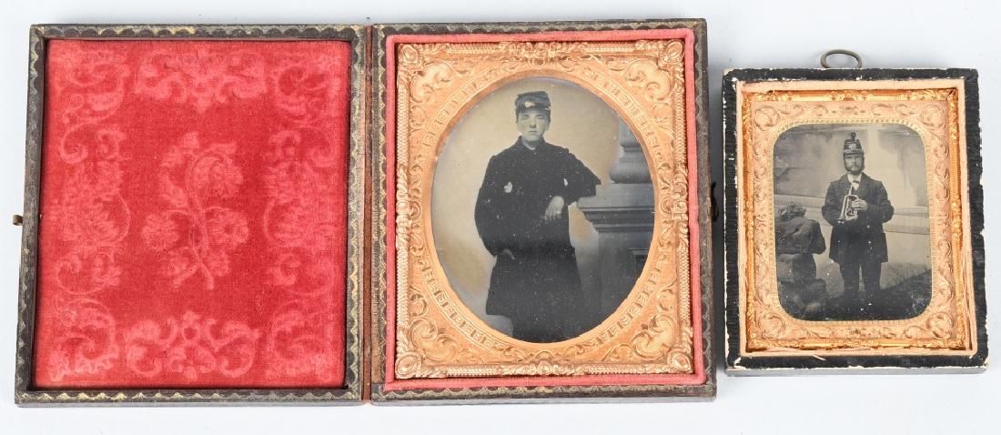 CIVIL WAR AMBROTYPE & POST WAR BUGLER TINTYPE: Civil War 1/6th plate ambrotype of a young soldier wearing a civilian frock coat and military kepi. Ambrotype still has the original seals. 1/9th plate tintype of a post Civil War militia bugler. exce