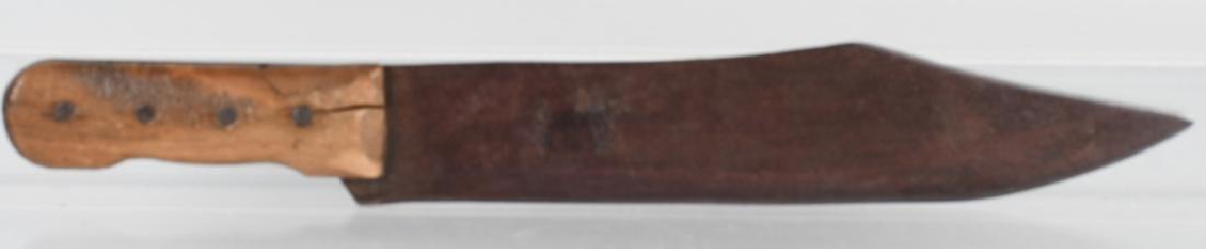 19TH CENTURY BOWIE KNIFE: Large bowie knife measuring 19.5" overall with a 13.5" blade. The blade is unusually thin and has never been cleaned. Handle has some cracks and a chip on one side. very good.