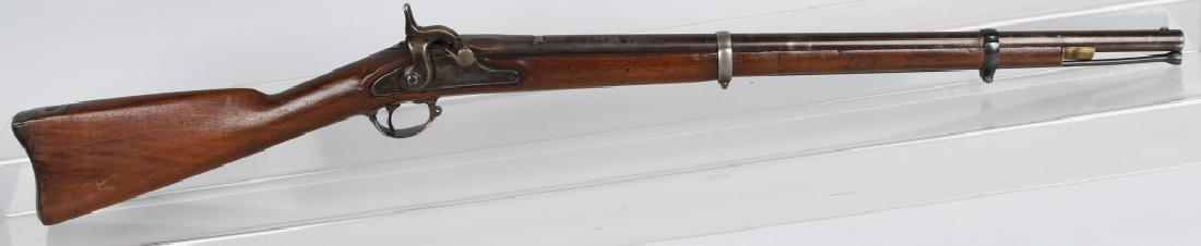 CIVIL WAR MODEL 1863, .58 RIFLE.: Original Model 1863 Springfield rifle that has been cut down. The gun has a nice working 1863 dated lock. Barrel has been cut down from 40" to 27". The rear sight is missing, and the front barrel band