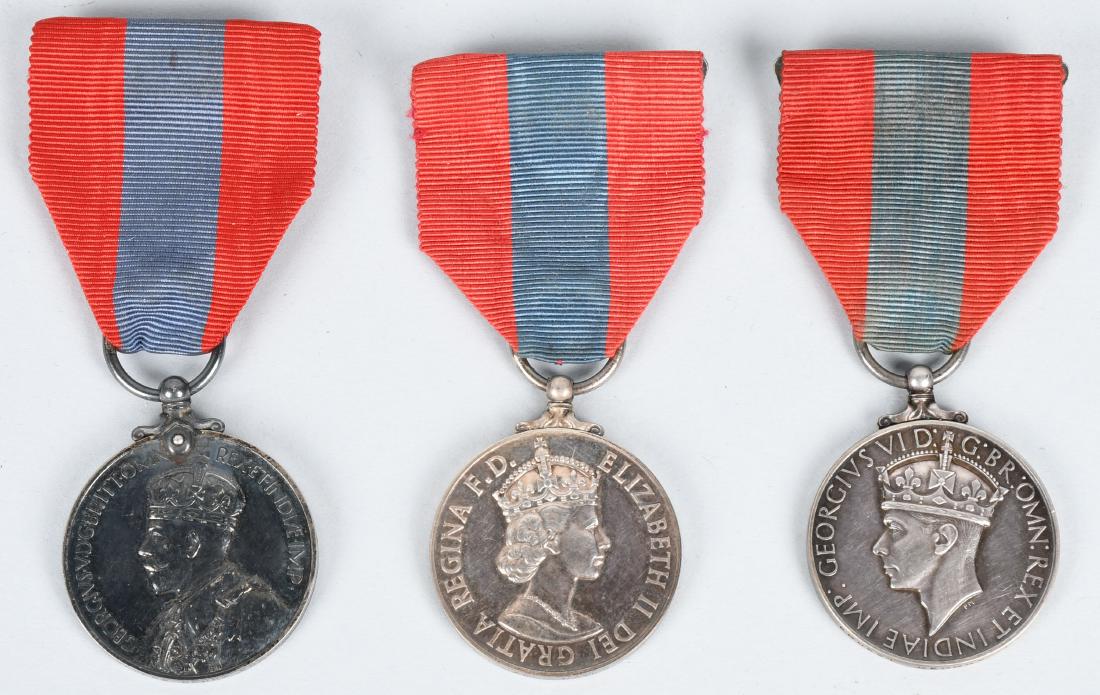 WWI & WWII & POST BRITISH FAITHFUL SERVICE MEDAL S: Three " For Faithful Service" medal lot including a WWI King George V medal identified to Charles Henry Edwards, a WWII King George VI medal identified to Ernest George Farren, and a post WWII Queen E