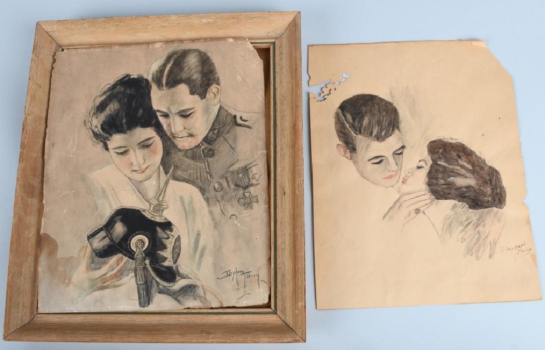 WWI ORIGINAL SIGNED PENCIL SKETCH: Original sketch rendered in black and colored pencil featuring a returned United States World War One veteran and his wife/sweetheart examining an Imperial German pickelhaube that he brought home as a