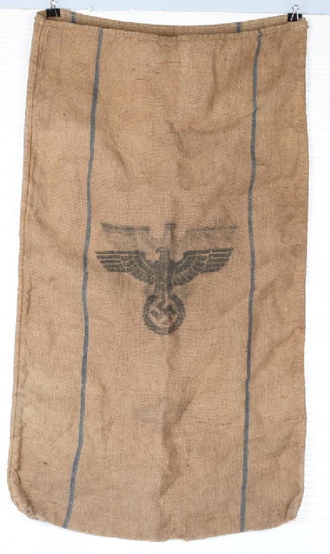 WWII NAZI GERMAN BURLAP HOT PROVISIONS BAG: Hot provisions bag featuring a stencied eagle with a mobile swastika on one side and "H. Vpfl 1939" on the other side. Some wear with a few small holes along the bottom edge. very good.