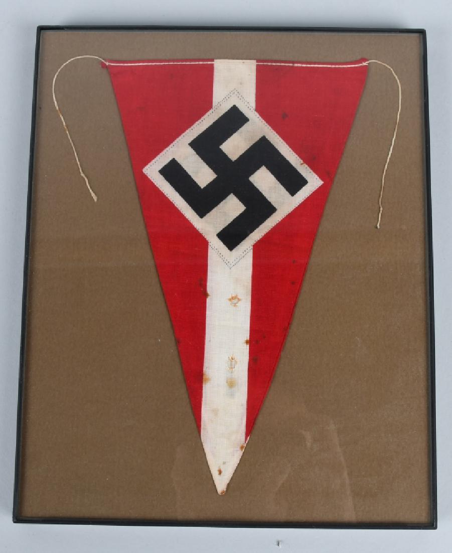WWII NAZI GERMAN HITLER YOUTH HJ RALLY PENNANT: German WWII Hitler Youth HJ Rally Pennant. Measures 8 3/4" wide by 5 1/2" wide. Two piece machine sewn cotton double sided construction.