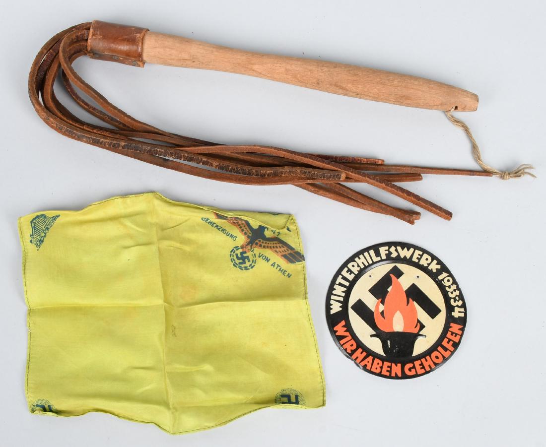 WWII NAZI LOT RAD , WINTERHILFSERK, HANDKERCHIEF: World War Two Nazi German lot including a R.A.D. Reichsarbeitsdienst (National Labor Service) stamped, clothing whip, a NEAR MINT 1933-34 winterhilfswerk door plaque, and a 1941 Beherzigung Von Athen 