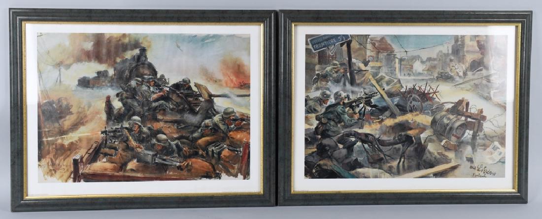 WWII NAZI GERMAN SOLDIER COMBAT SCENE COLOR PRINTS: 2 Post War German WWII Framed Soldier Combat Scene Color Prints. They measure 22" wide by 16 15/16" tall. Both shows battle scenes of German soldiers. The bottom left hand corner reads 'Hans Liska, Ei