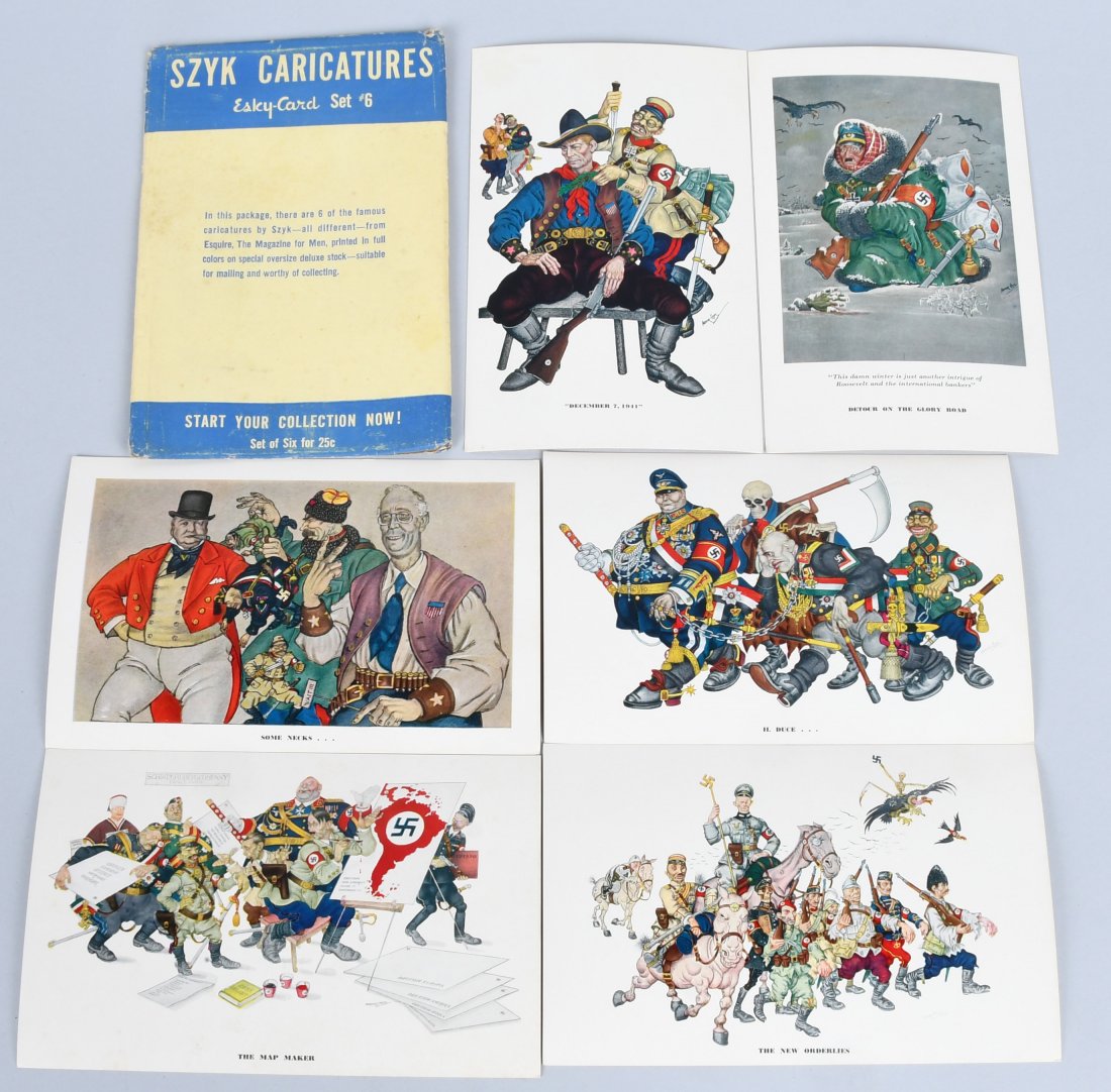 WWII U.S. 1942 SET OF SZYK CARICATURE POSTCARDS: Complete set of 6 'Esky-Cards still in the orignal Esky - Card package. These large colorful postcards were produced for Esquire Magazine by artist Arthur Szyk. The drawings are caricatures of WWII pa