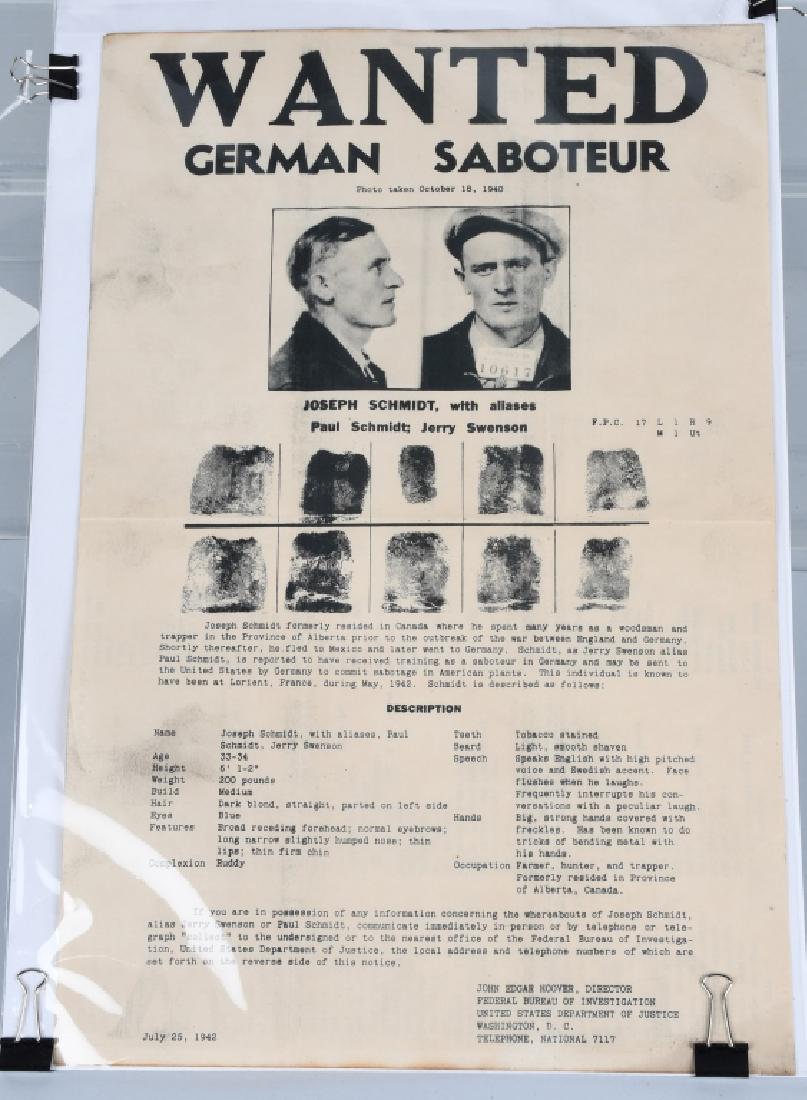 WWII FBI 1942 WANTED POSTER - GERMAN SABOTEUR: 1942 Federal Bureau of Investigation FBI wanted poster for German saboteur Joseph Schmidt, a Canadian resident who flet to Mexico and then Germany to receive trraining as a saboteur and "may be sent t