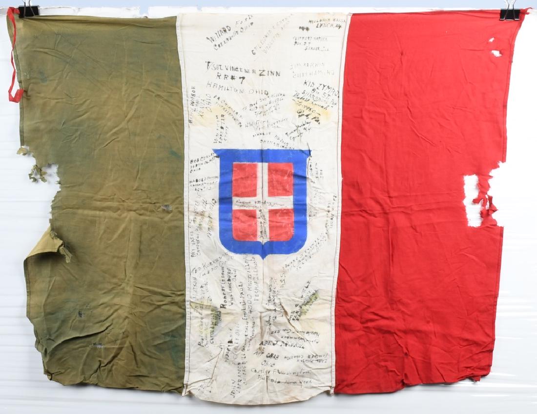 WWII CAPTURED ITALIAN FLAG SIGNED BY US SOLDIERS: Rare captured Italian Flag signed by 40 United States GIs. All the signatures are on the white field of the flag. It is significant to note that one of the soldiers who signed this flag, Paul S. Clark